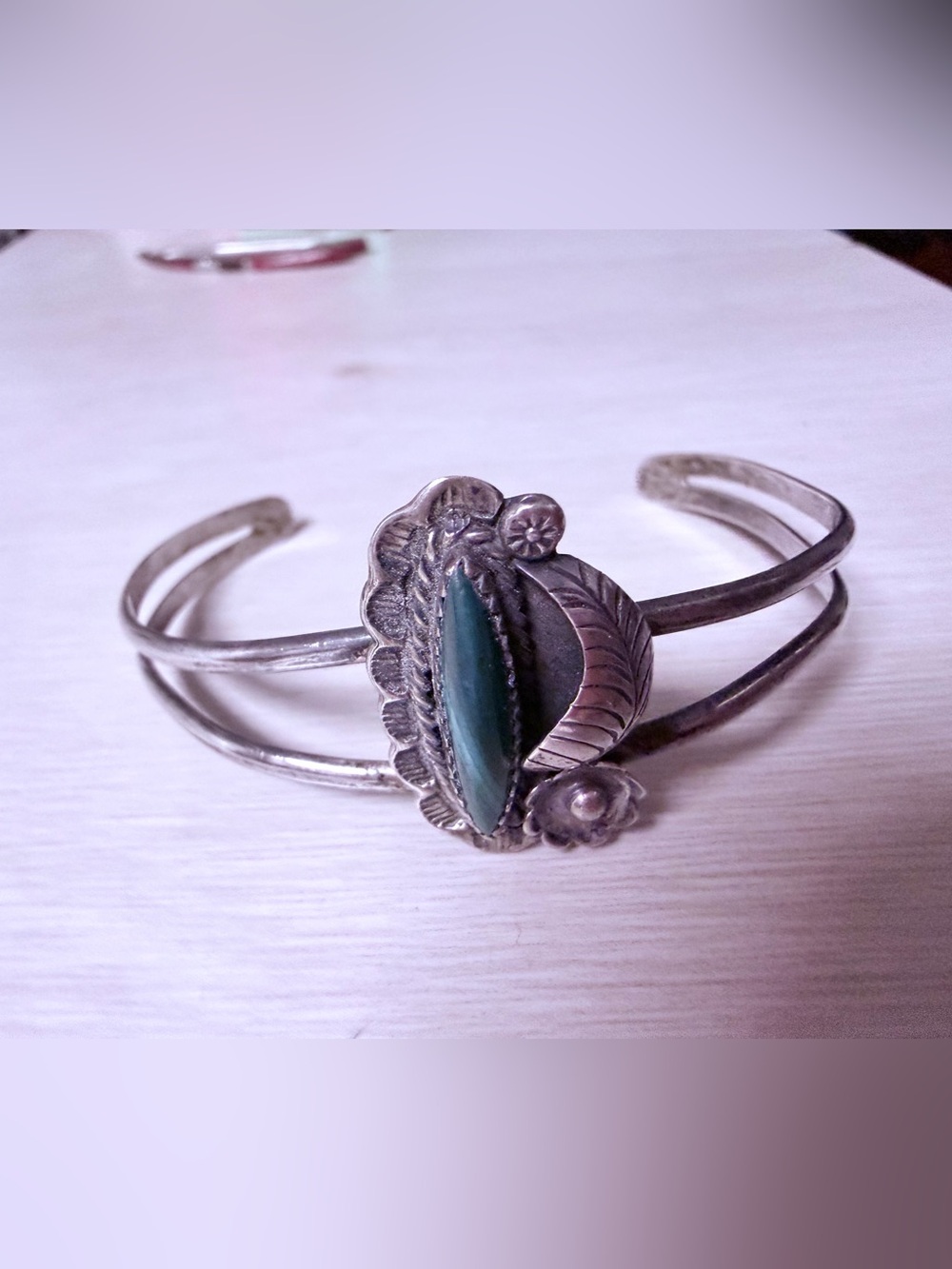 Sterling Silver Green Stone Floral Cuff Bracelet